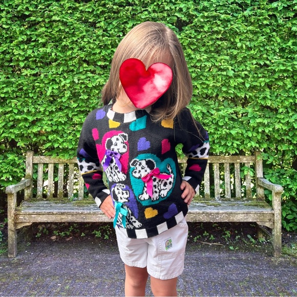 HEARTWORKS Other - VTG 90's Black & Multi Color Knit Sweater w/ Hearts & Dalmatians & Bows Sz 3/4